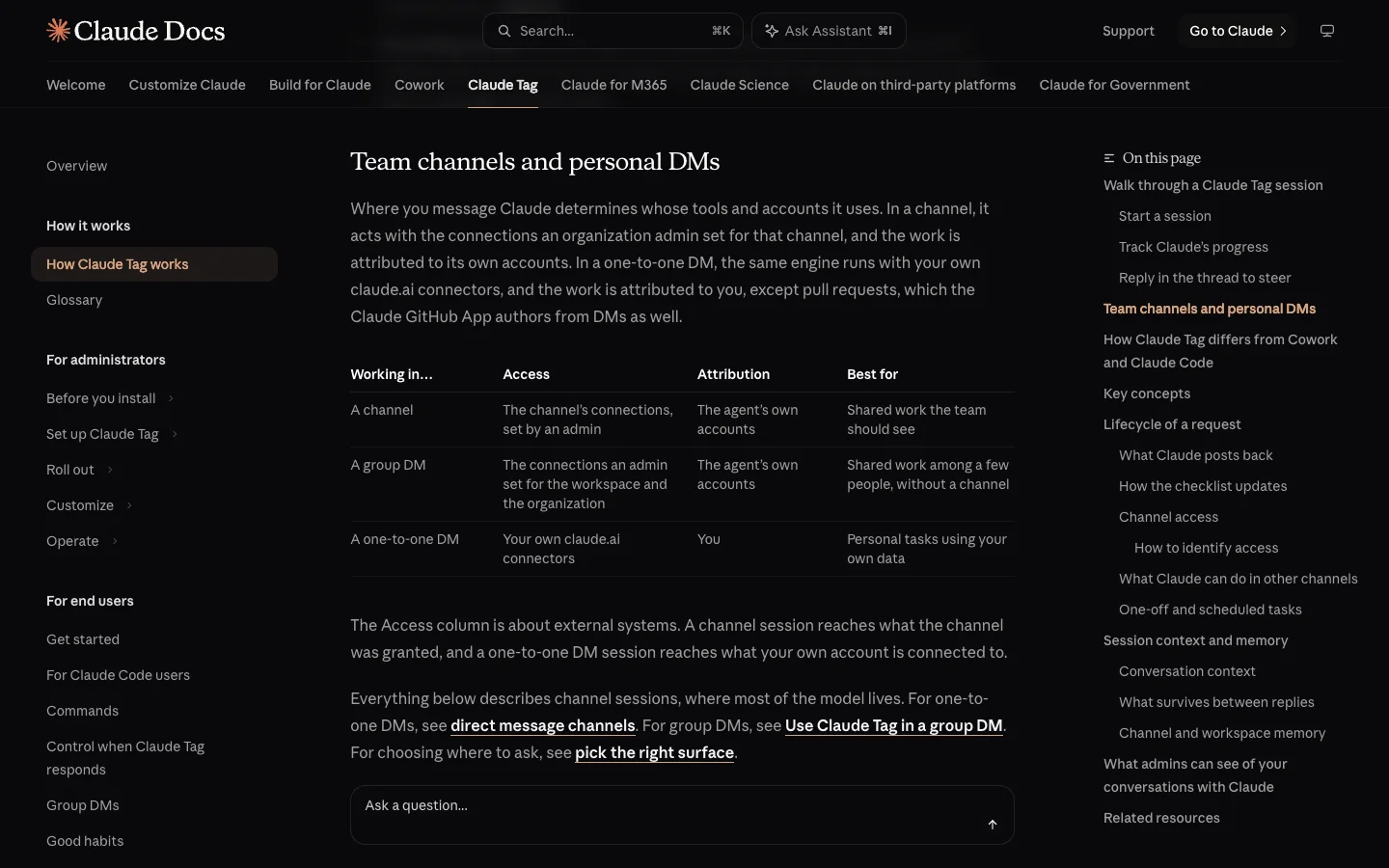 Claude Tag docs, "Team channels and personal DMs": a table where a channel uses the channel's connections set by an admin and is attributed to the agent's own accounts, while a one-to-one DM uses your own claude.ai connectors and is attributed to you