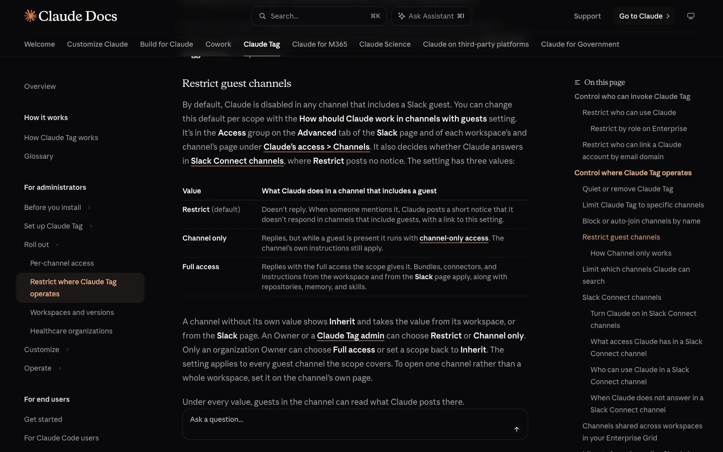 Claude Tag docs, "Restrict guest channels": three values for how Claude works in a channel that includes a guest, Restrict by default, Channel only and Full access