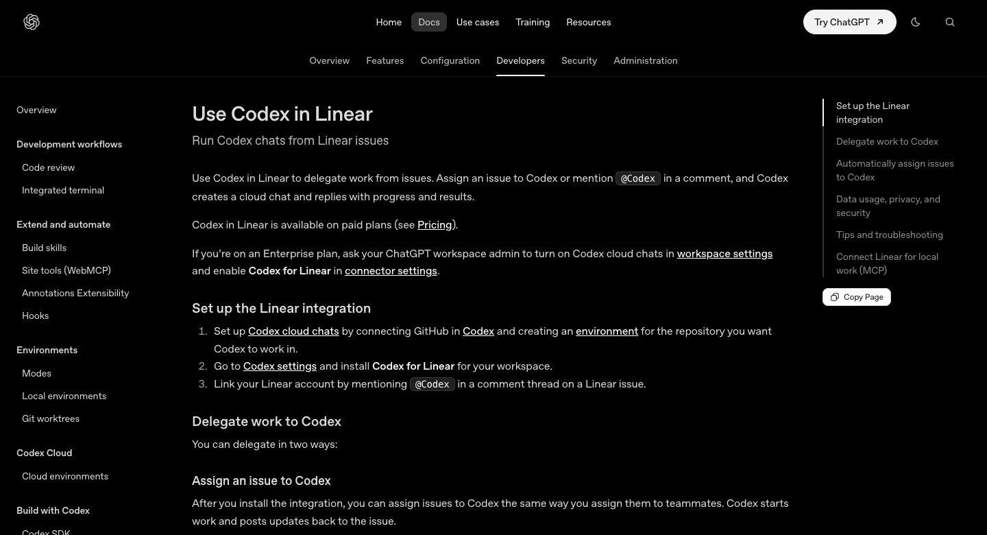 OpenAI's "Use Codex in Linear" docs page: assign an issue to Codex or mention @Codex, and Codex creates a cloud chat, followed by the three setup steps