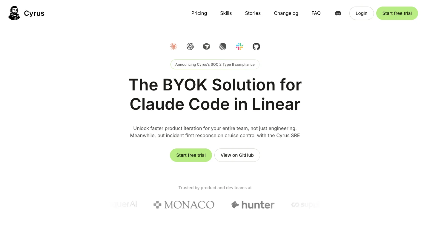 The Cyrus homepage: "The BYOK Solution for Claude Code in Linear," with Start free trial and View on GitHub buttons