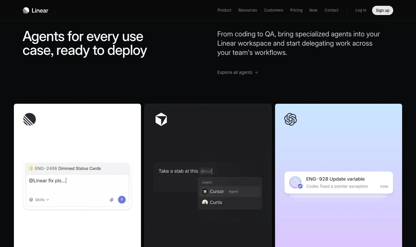 Linear's agents page headed "Agents for every use case, ready to deploy," with cards for Linear Agent, Cursor and OpenAI Codex