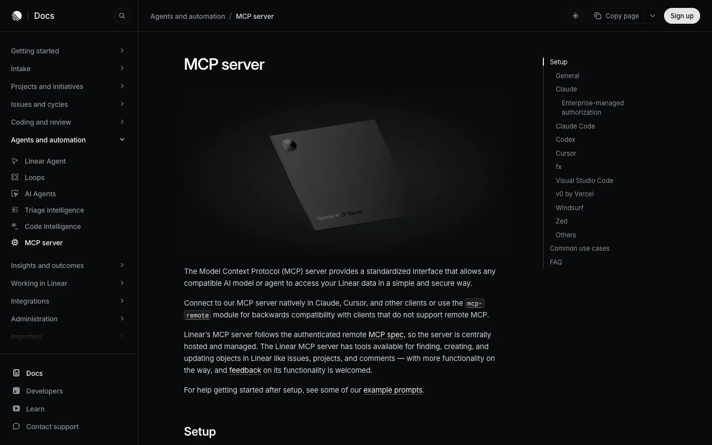 Linear's MCP server docs page, with Claude Code and Codex in the setup list on the right
