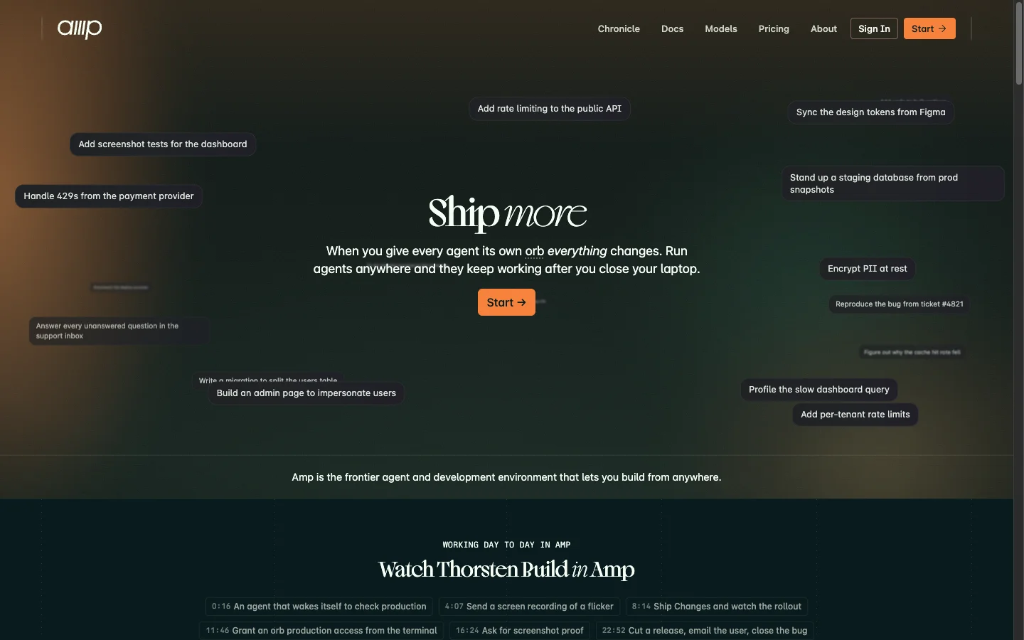 The Amp homepage: "Ship more" with floating task chips, each running in its own orb, and a Start button