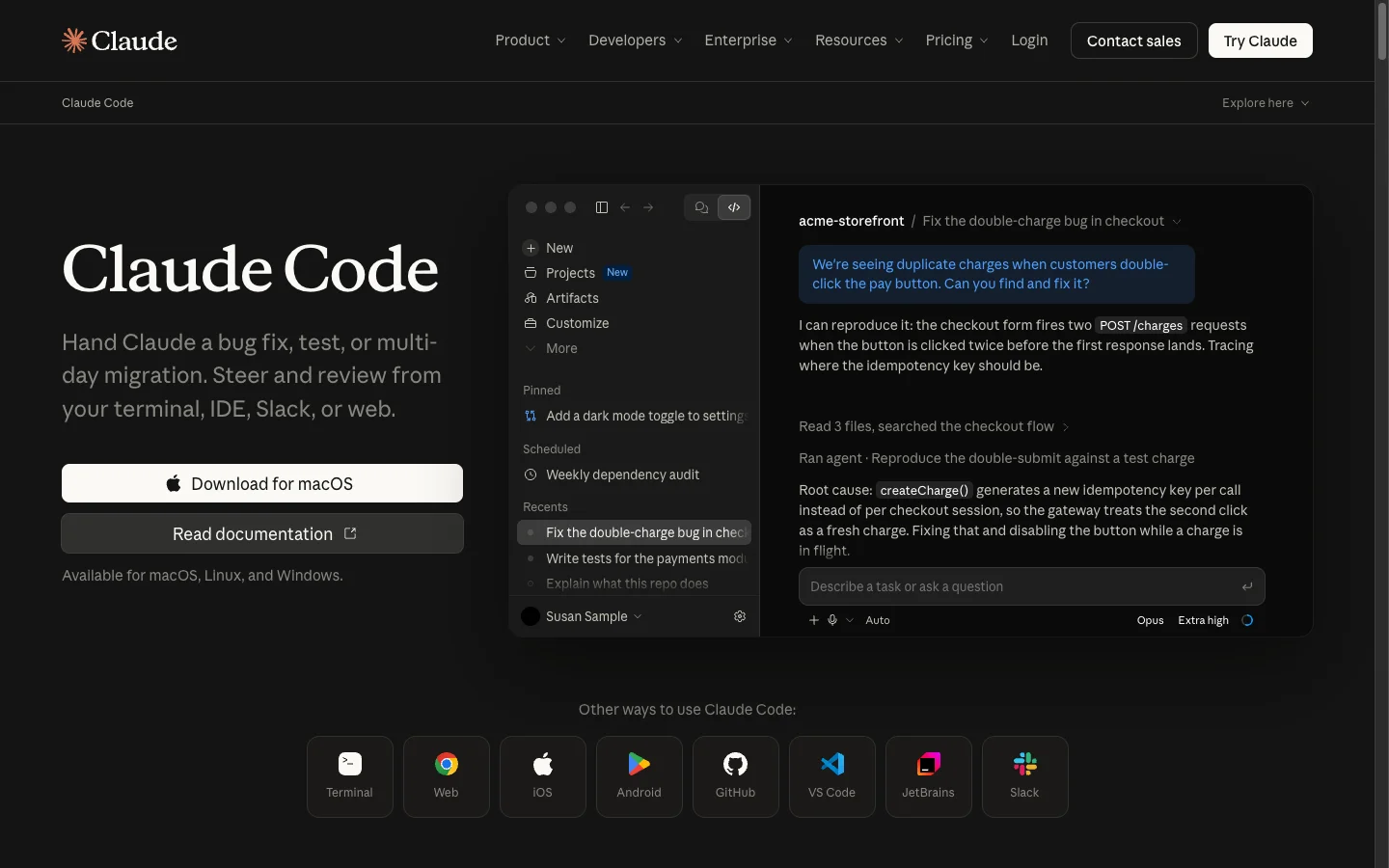 The Claude Code page: "Hand Claude a bug fix, test, or multi-day migration" on a dark background above the Claude Code app fixing a double-charge bug