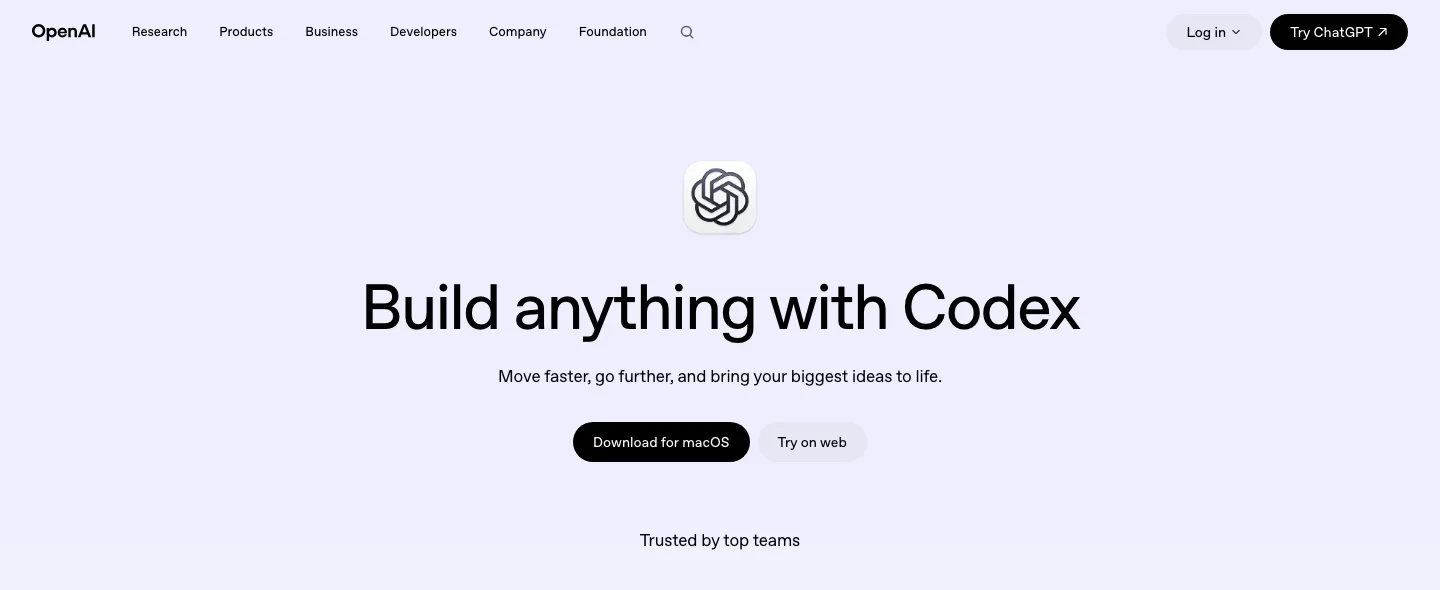 The OpenAI Codex page: "Build anything with Codex" with Download for macOS and Try on web buttons above a row of customer logos