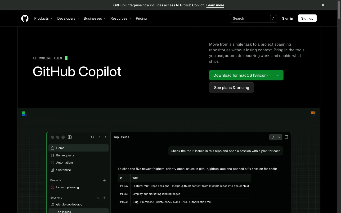 The GitHub Copilot page: "AI coding agent" and "GitHub Copilot" above the Copilot app showing a Top issues session
