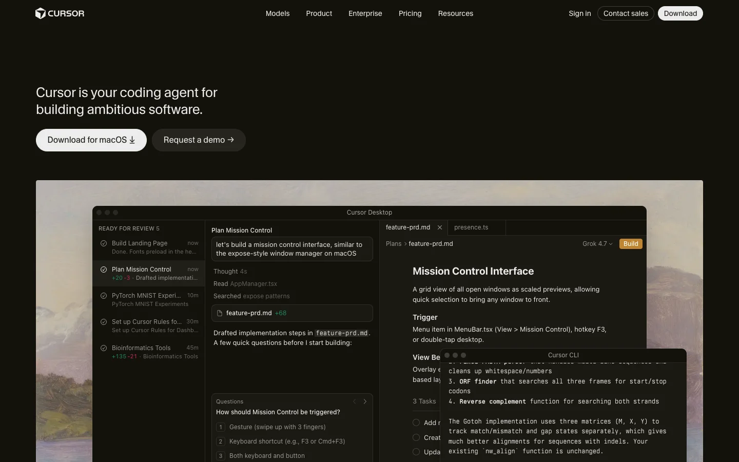 The Cursor homepage: "Cursor is your coding agent for building ambitious software" above Cursor Desktop and Cursor CLI windows