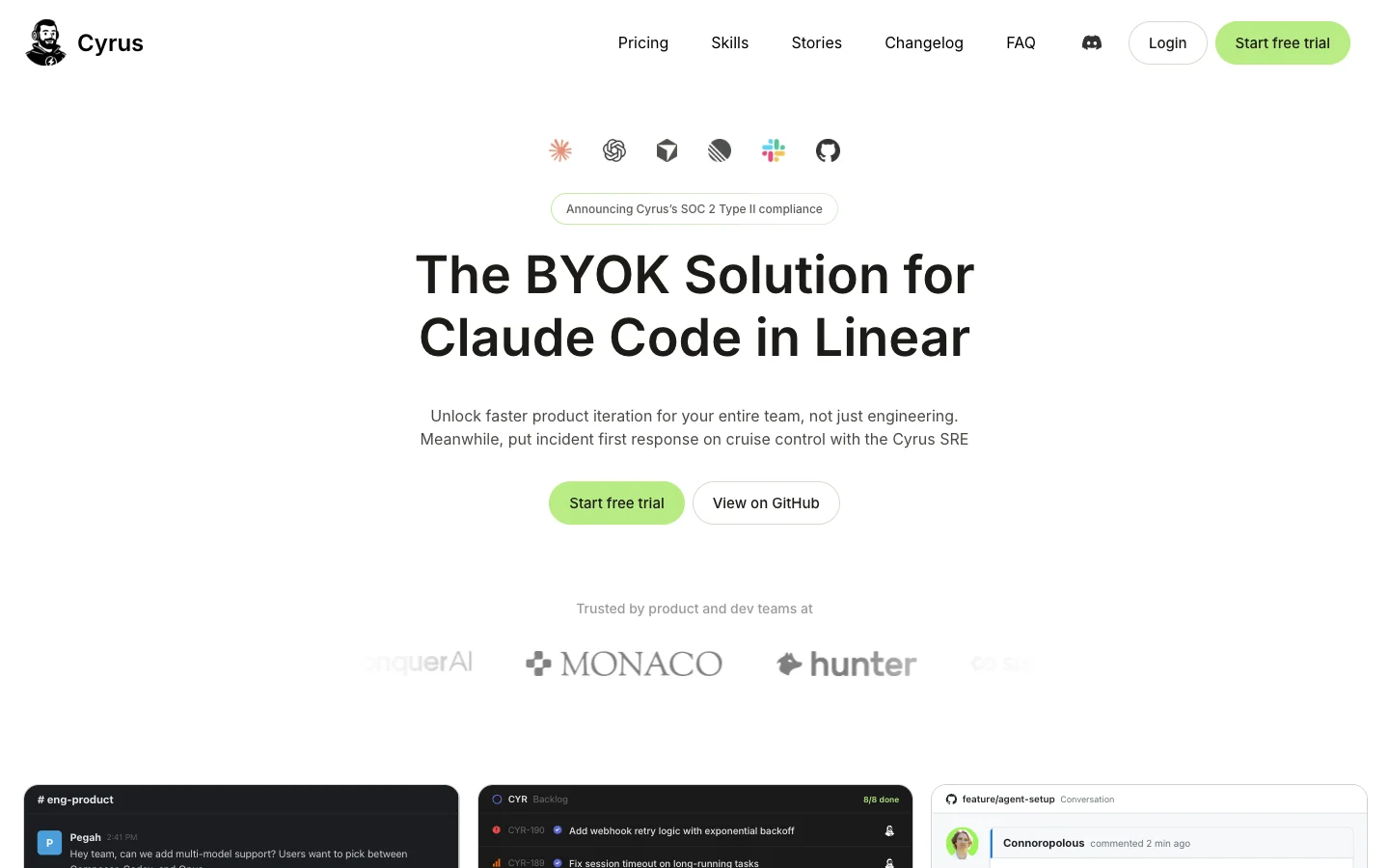 The Cyrus homepage: "The BYOK Solution for Claude Code in Linear" with a SOC 2 badge and Start free trial and View on GitHub buttons