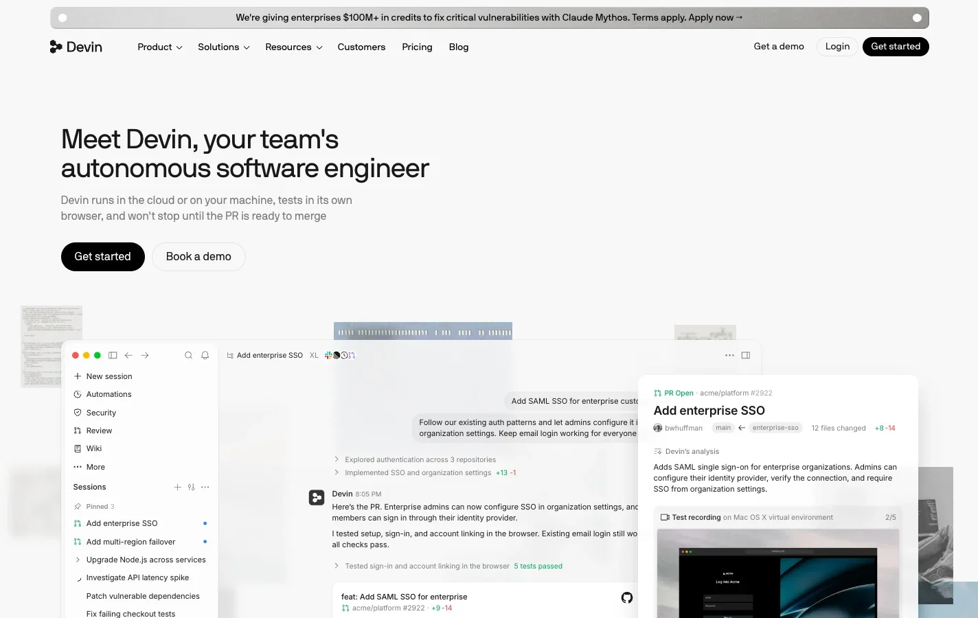 The Devin homepage: "Meet Devin, your team's autonomous software engineer" above a Devin session where it adds enterprise SSO, tests sign-in in the browser and opens a pull request