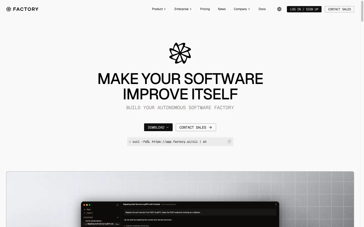 The Factory homepage: "Build your autonomous software factory" with Download and Contact sales buttons and a curl install line
