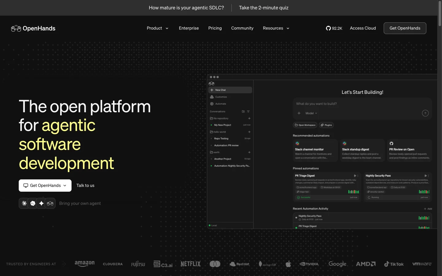The OpenHands homepage: "The open platform for agentic software development" above the OpenHands app with an automations list