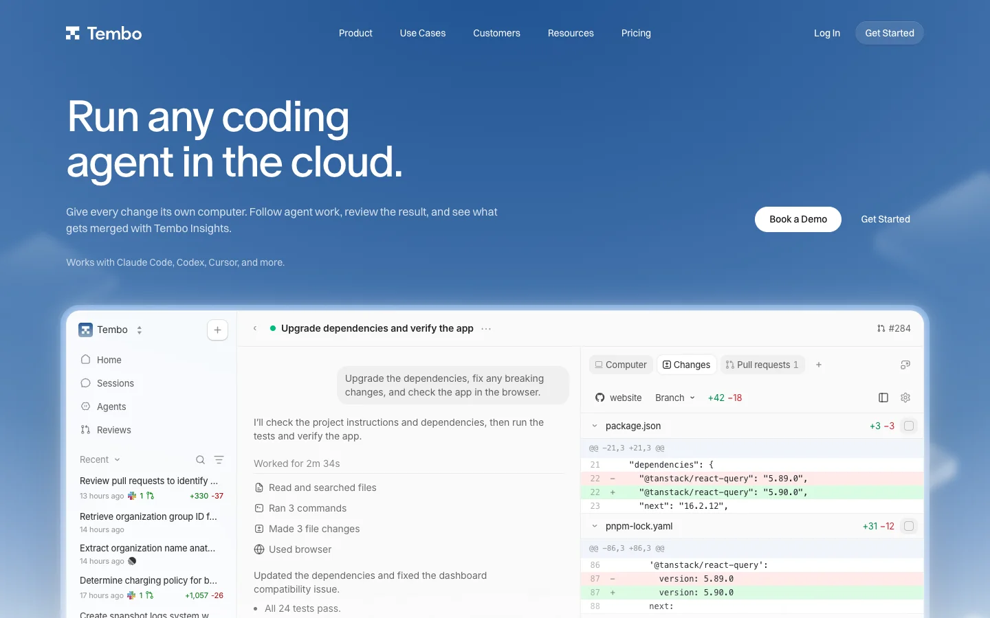 The Tembo homepage: "Run any coding agent in the cloud. Works with Claude Code, Codex, Cursor, and more." above a session upgrading dependencies with a diff