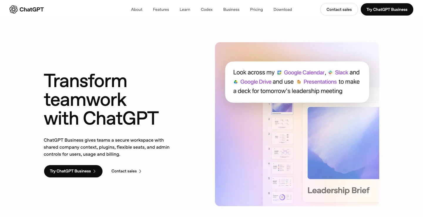 The ChatGPT Business page: "Transform teamwork with ChatGPT," beside a prompt that pulls from Google Calendar, Slack and Google Drive to build a leadership brief