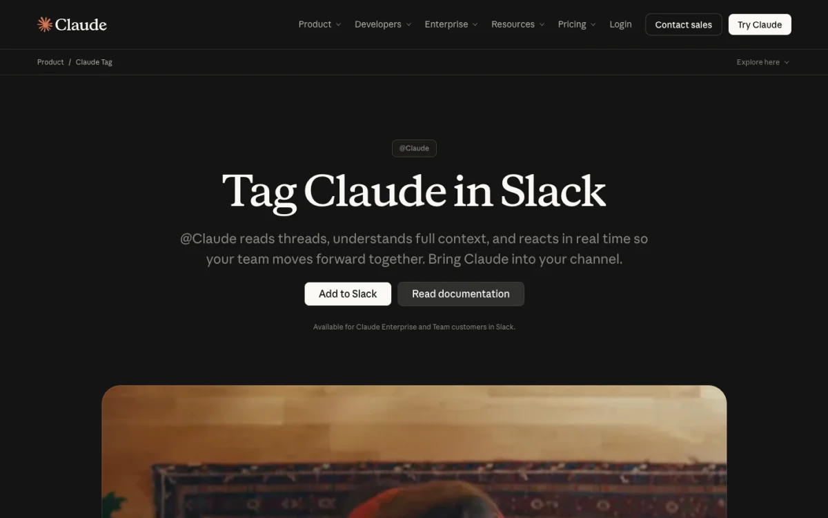 Anthropic's Claude Tag page: "Tag Claude in Slack," with Add to Slack and Read documentation buttons, available for Claude Enterprise and Team customers