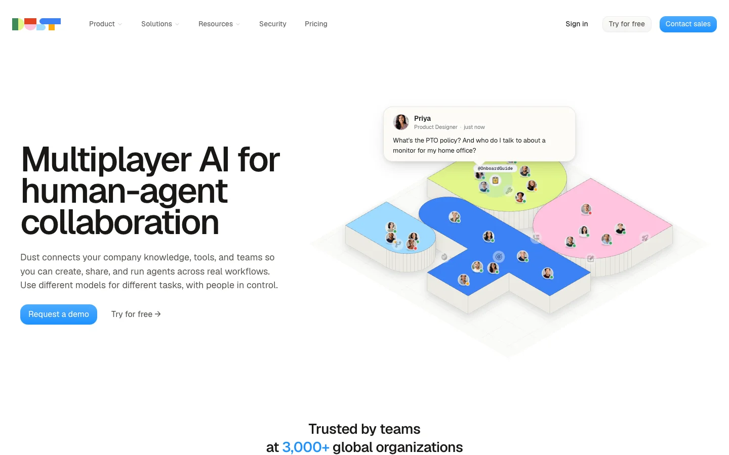 The Dust homepage: "Multiplayer AI for human-agent collaboration" above an isometric office where Priya asks an @OnboardGuide agent about the PTO policy