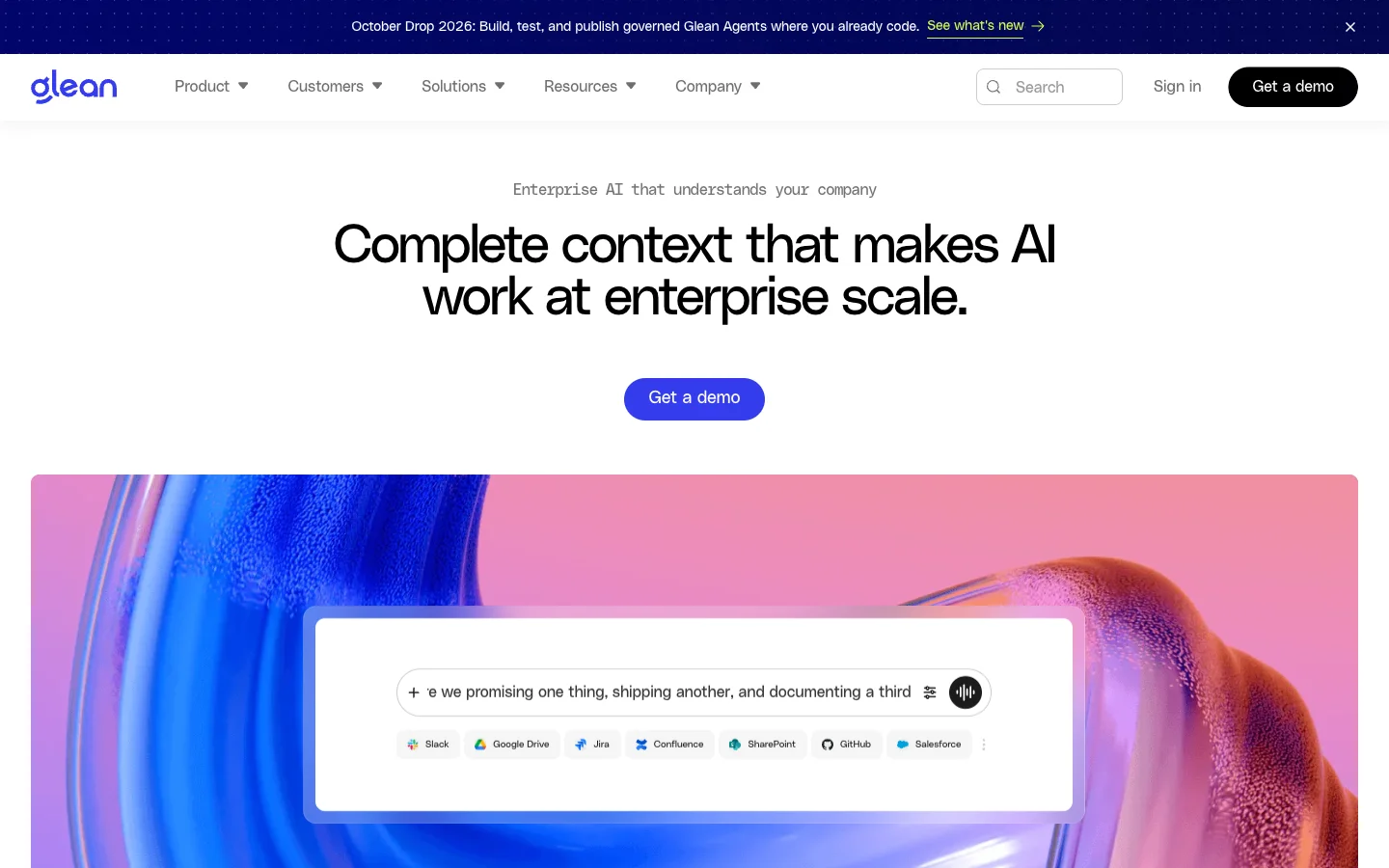 The Glean homepage: "Complete context that makes AI work at enterprise scale," above a search box drawing on Slack, Google Drive, Jira, Confluence and GitHub