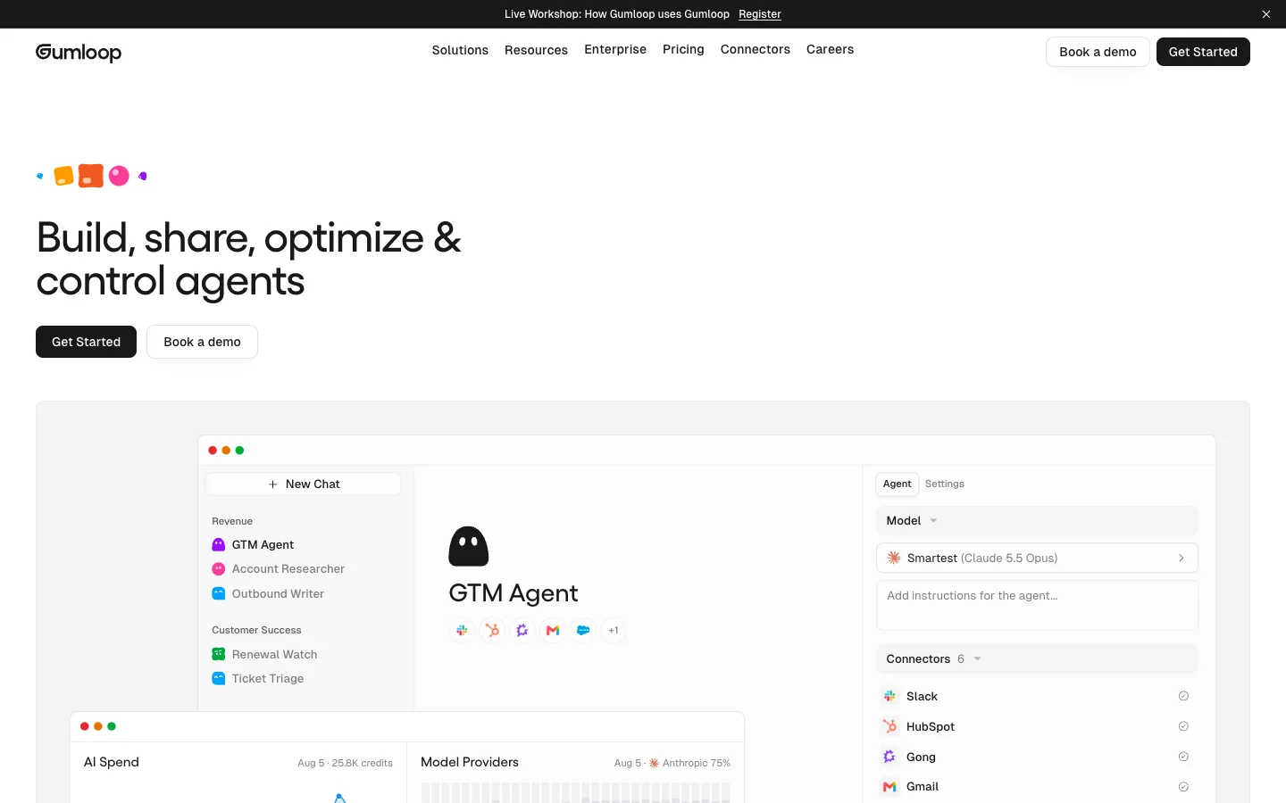 The Gumloop homepage: "Build, share, optimize & control agents," above a GTM Agent configured with Claude 5.5 Opus and Slack, HubSpot, Gong and Gmail connectors