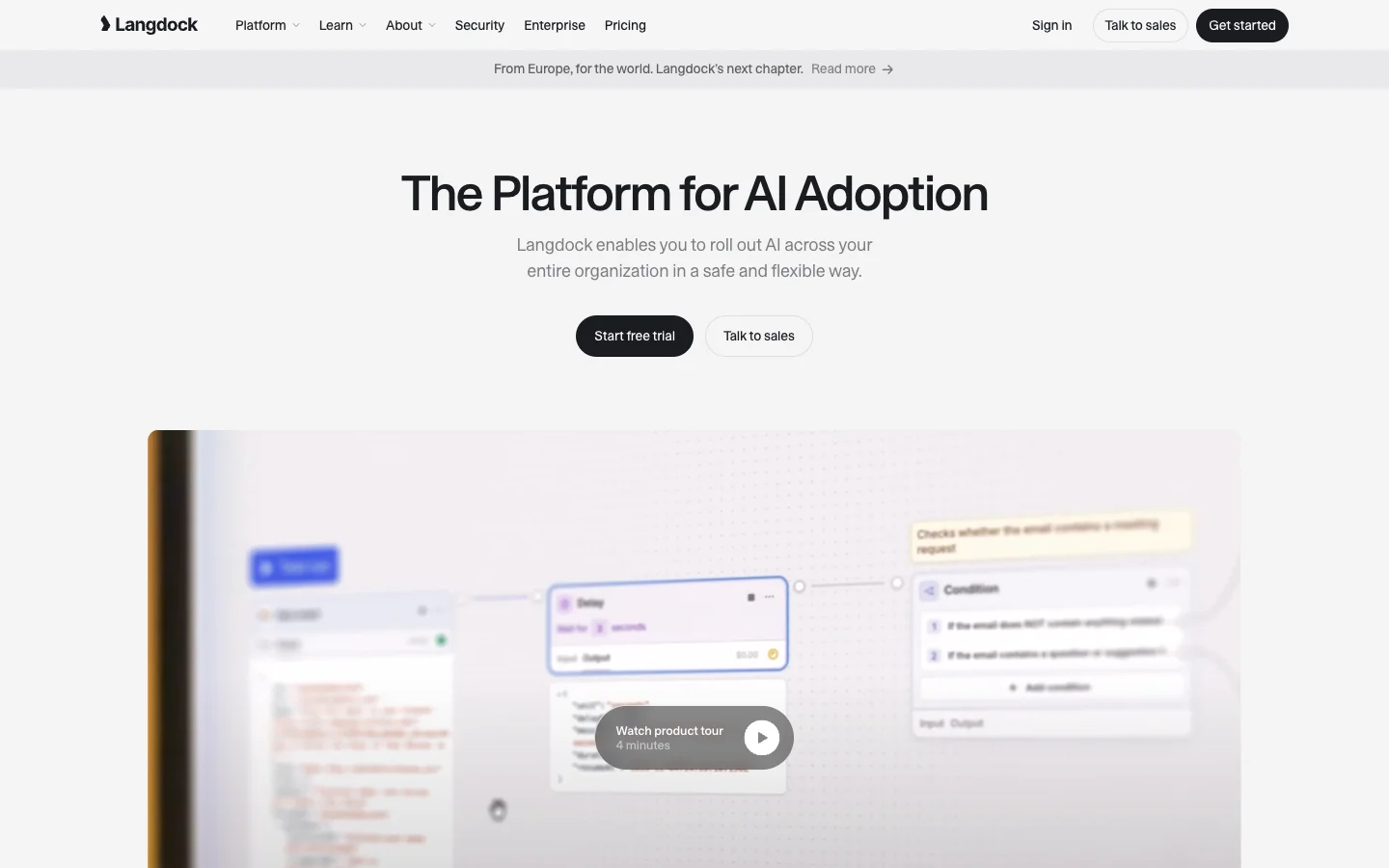 The Langdock homepage: "The Platform for AI Adoption," with Start free trial and Talk to sales buttons above a blurred workflow builder