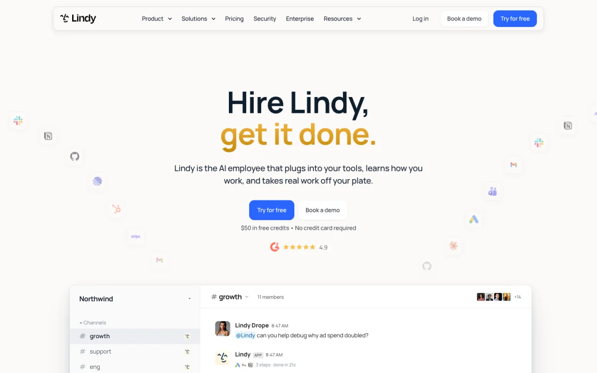 The Lindy homepage: "Hire Lindy, get it done." above a #growth channel where Lindy is asked to debug why ad spend doubled