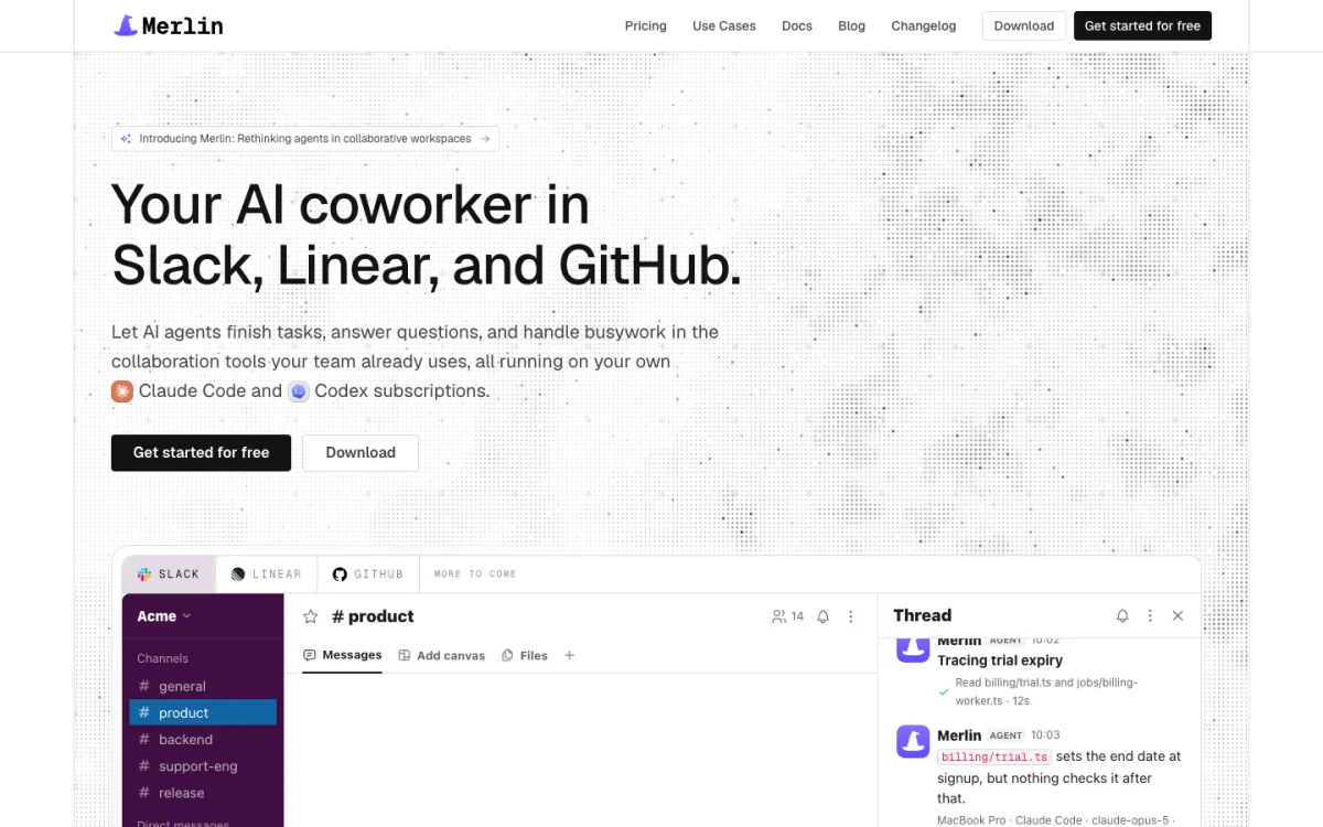 The Merlin homepage: "Your AI coworker in Slack, Linear, and GitHub," above a Slack thread where Merlin traces a trial expiry bug in billing/trial.ts
