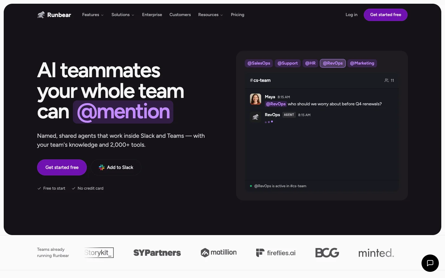 The Runbear homepage: "AI teammates your whole team can @mention," beside a #cs-team channel where Maya asks @RevOps about Q4 renewals