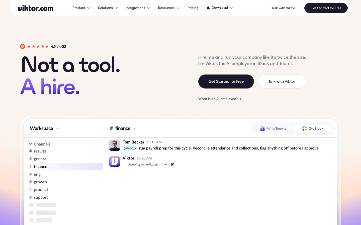 The Viktor homepage: "Not a tool. A hire." above a Slack #finance channel where Tom asks @Viktor to run payroll prep and flag anything off before he approves